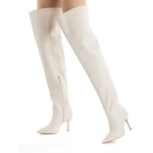 Larroudé Kate Over-the-Knee Boots Ivory Leather Sz 7 Pointed Toe Stiletto Heel